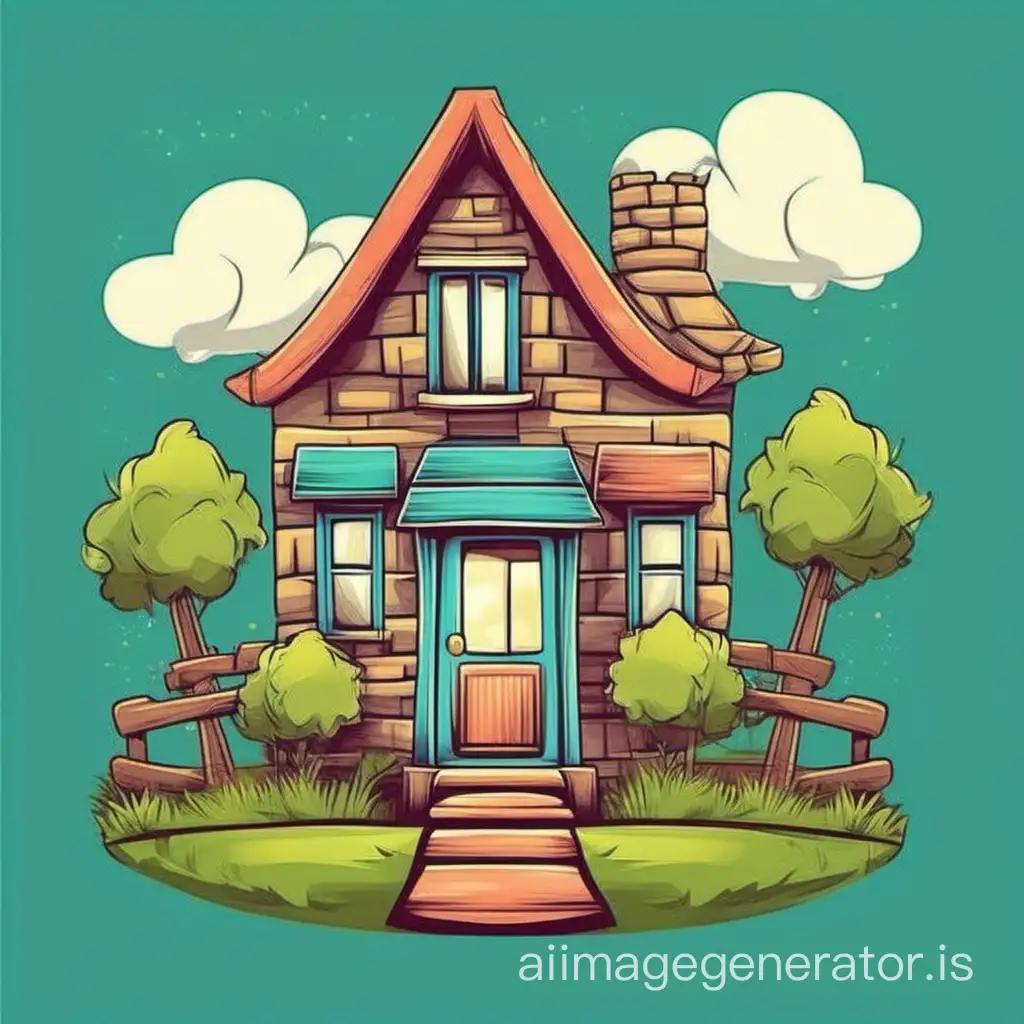 Print on T-shirt Panel House in the yard in cartoon style