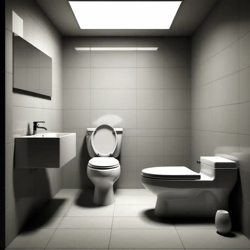 Erstelle mir ein Bild einer Badeszimmers mit einer Keramik Toilette in der Mitte