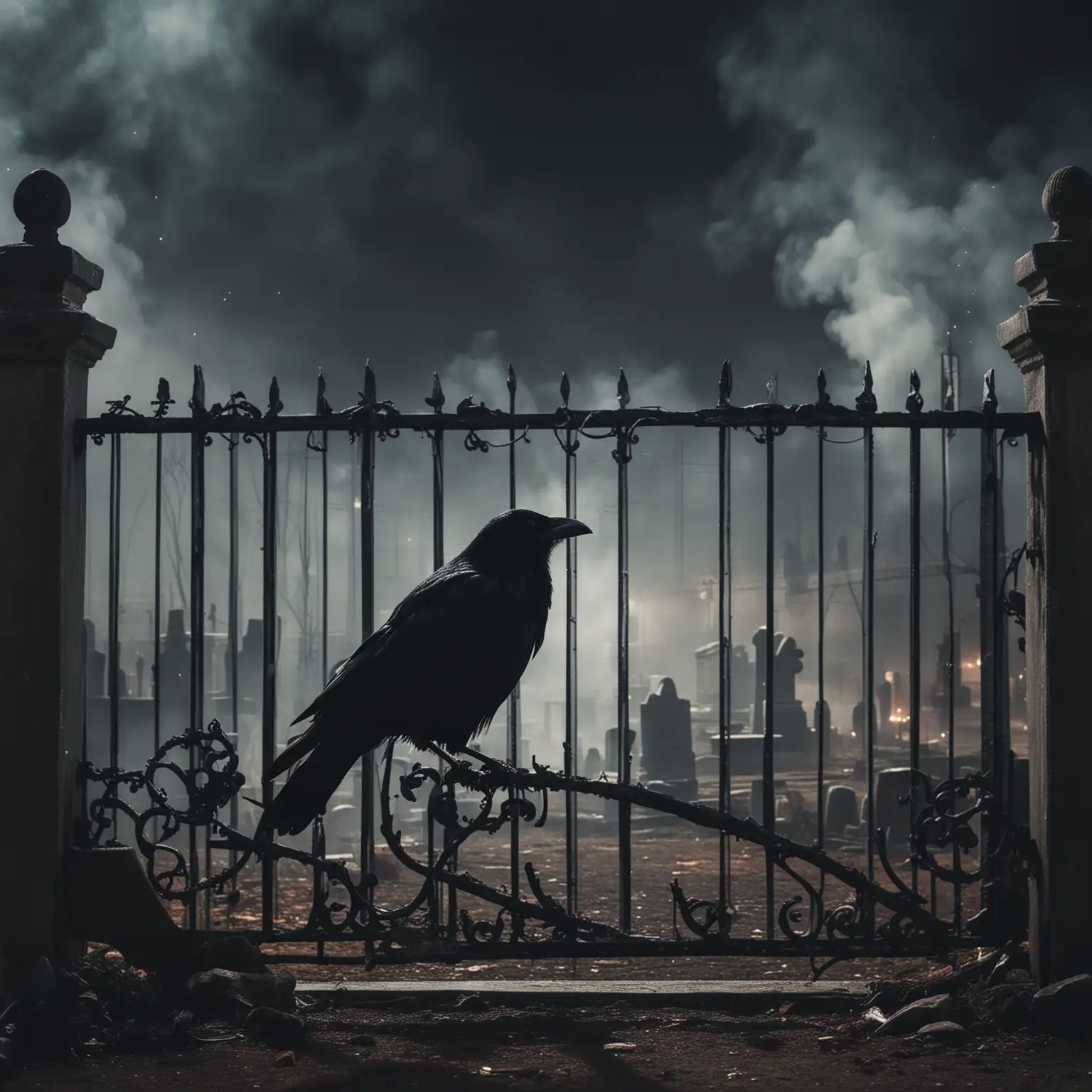 a black crow sitting on a metal gate in front of a graveyard at night with smoke