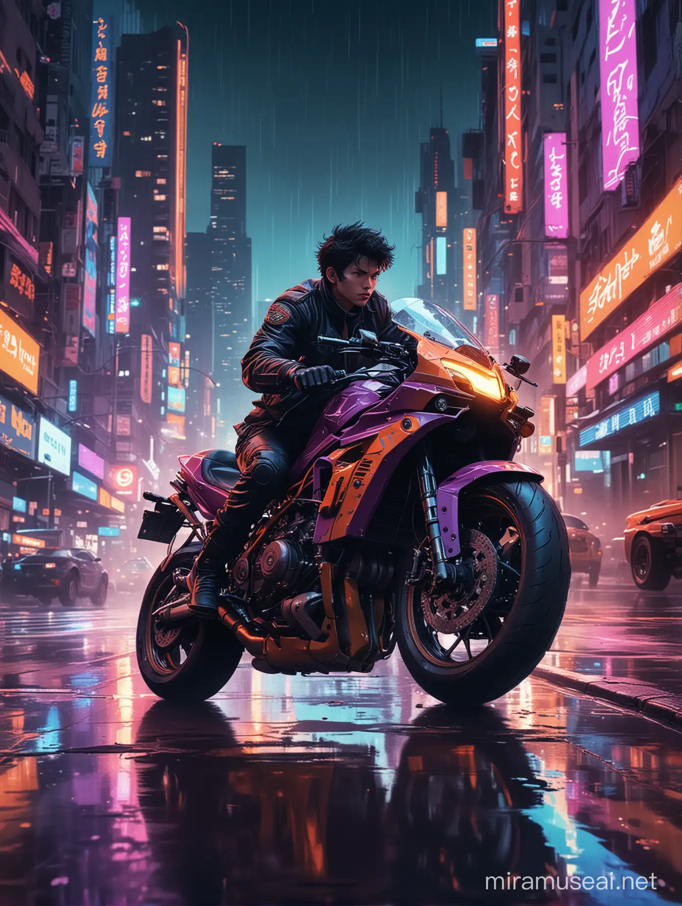 The poster features a dynamic scene reminiscent of 1980s anime, particularly inspired by Akira.
In the foreground, a man is depicted riding a futuristic motorcycle, leaning forward as he speeds through the city streets.
The cityscape behind him is dystopian, with towering skyscrapers illuminated by neon lights, reflecting off the wet streets below.
The atmosphere is intense, with a sense of motion and speed conveyed through blurred lines and streaks of light trailing behind the motorcycle.
The color palette is bold and vibrant, with hues of deep blues, purples, and oranges, evoking the neon-lit streets of a futuristic city at night.
The title "Speeding Through the Night: A Dystopian Journey" is prominently displayed in stylized, retro-futuristic lettering, adding to the overall aesthetic of the poster.