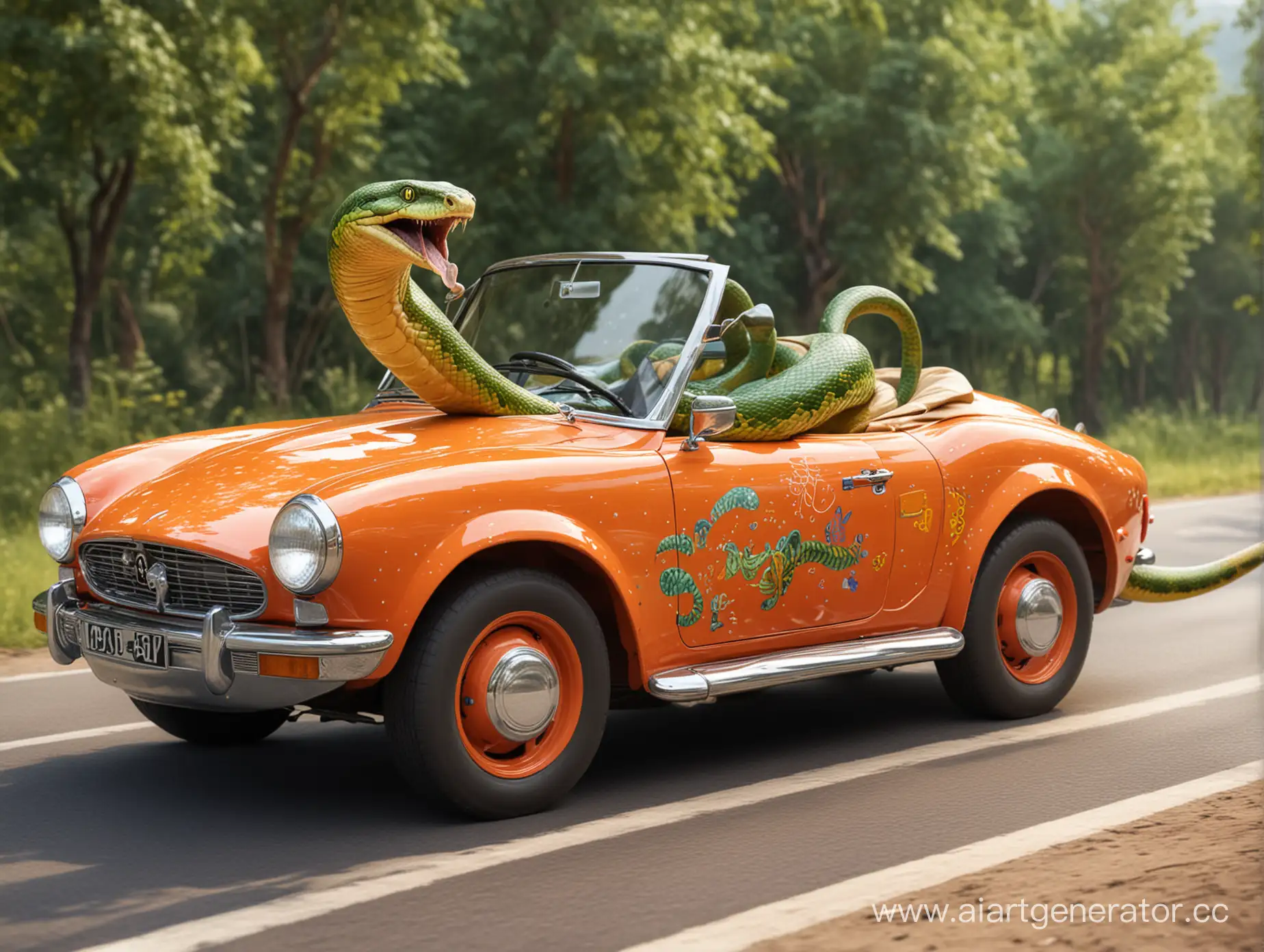 змея едет на машине веселая
