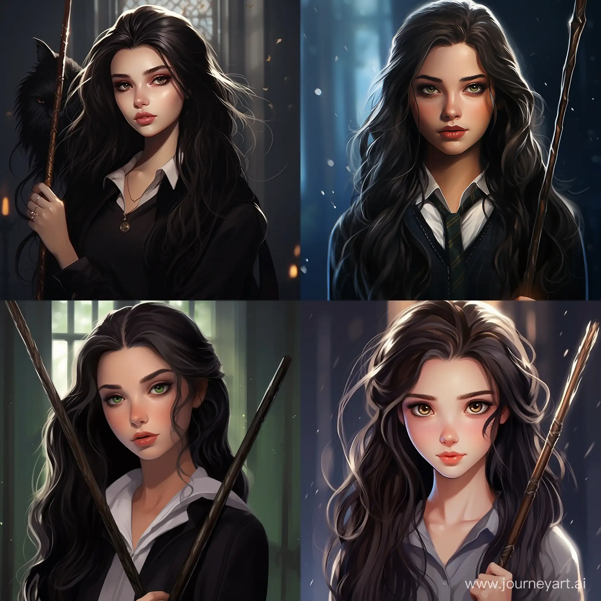 Beautiful girl, straight dark hair, expressive green eyes, snow-white skin, teenager, sorceress, magic wand, Ravenclaw, Hogwarts, magic, high quality, high detail, cartoon art