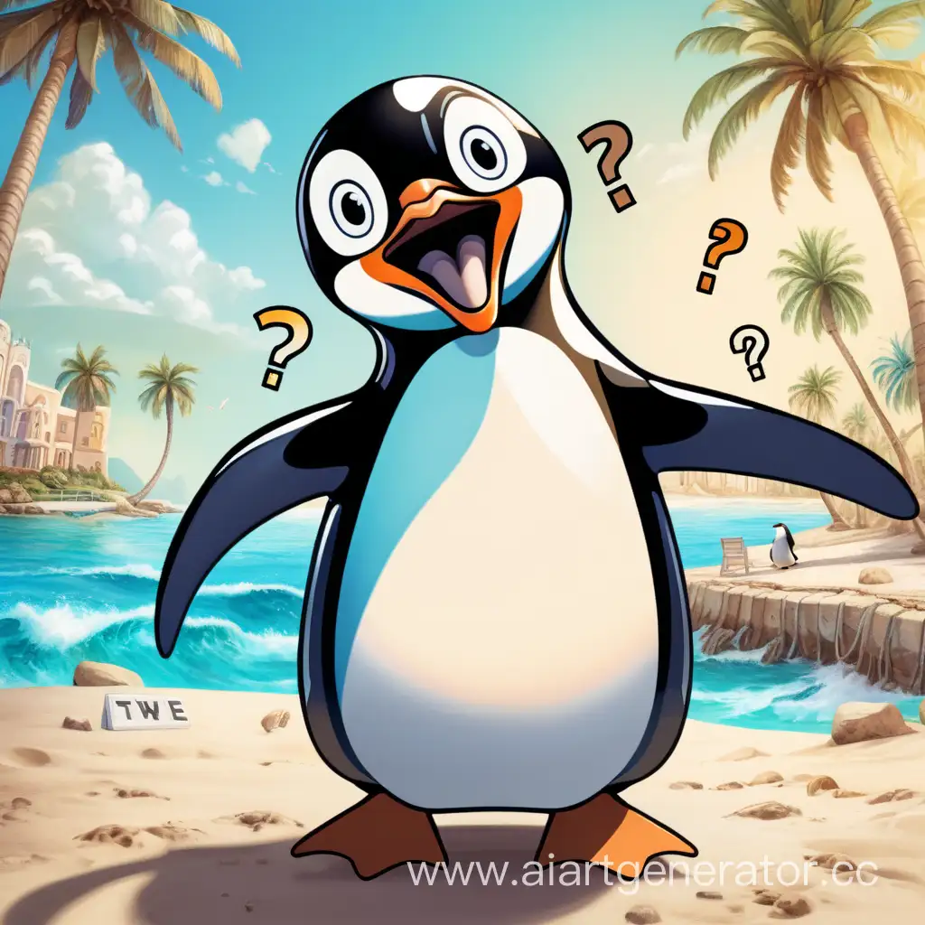 удивляющийся пингвин с открытым ртом и знаком вопроса над головой. на фоне море и пальмы