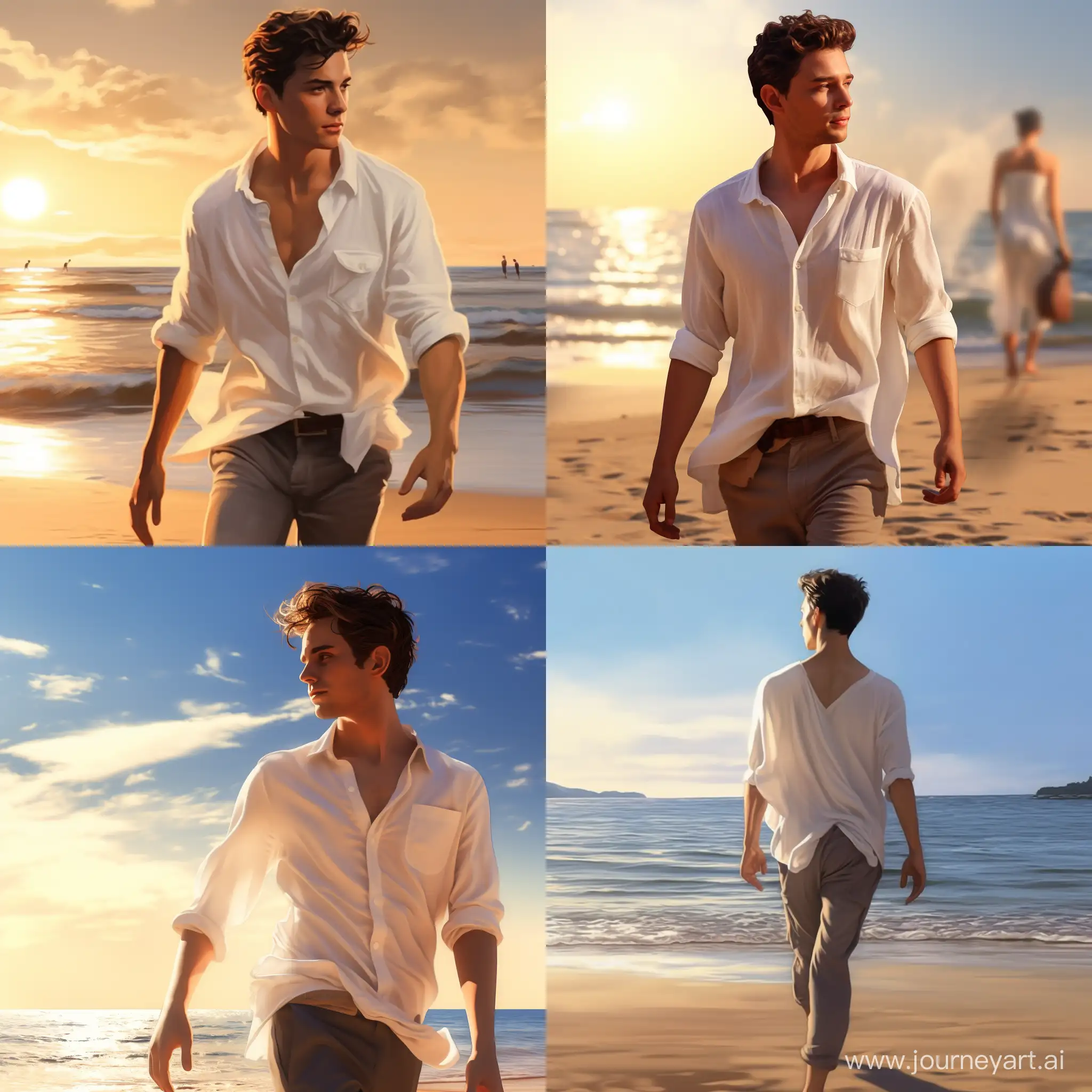 A young man in a white shirt strolls along the beach. The gentle sea breeze caresses him, and the sunlight is radiant. Rendered in a hyper-realistic style, akin to cinematic lighting effects, with high-definition clarity.