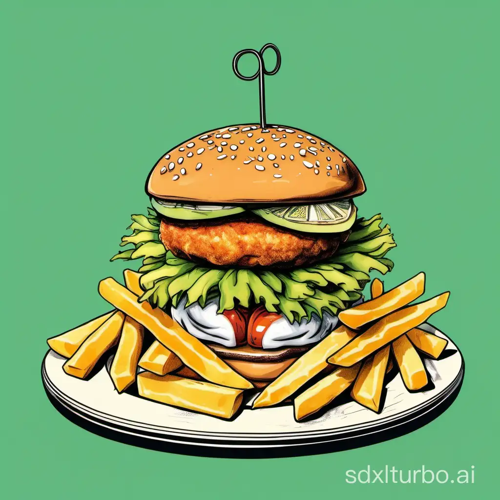 Cartooney breadded fish burger with fries on a plate. plain background