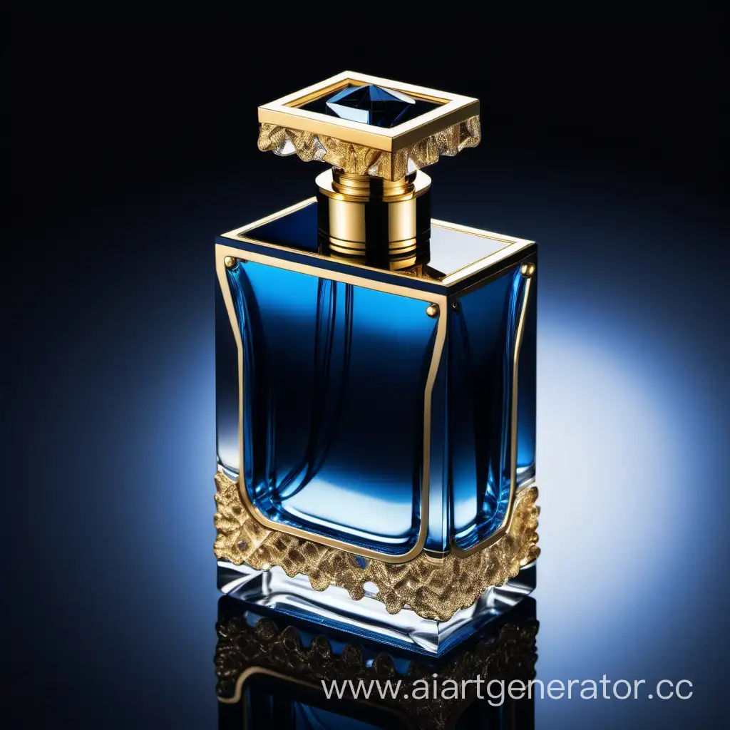 a crystal clear perfume bottle made of blue ,black and gold
transparent