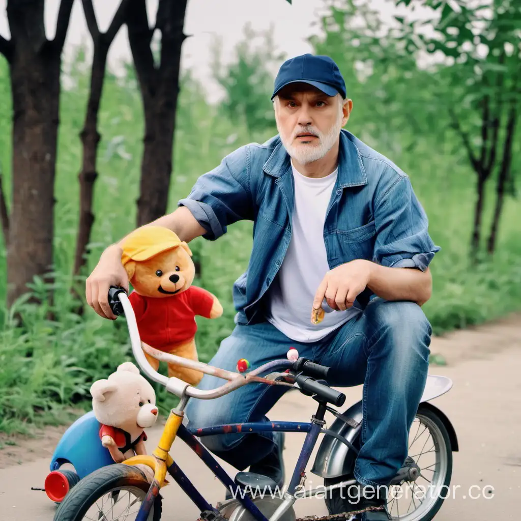 an adult man in a cap, dirty clothes, sitting in a children's bike with toys