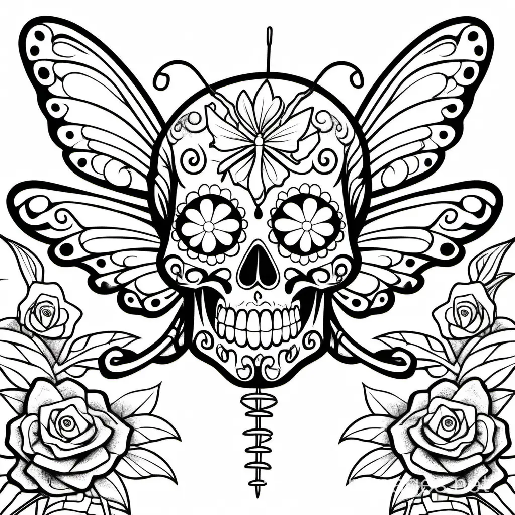 Sugar skull with dragon fly on it, Coloring Page, black and white, line art, white background, Simplicity, Ample White Space. The background of the coloring page is plain white to make it easy for young children to color within the lines. The outlines of all the subjects are easy to distinguish, making it simple for kids to color without too much difficulty