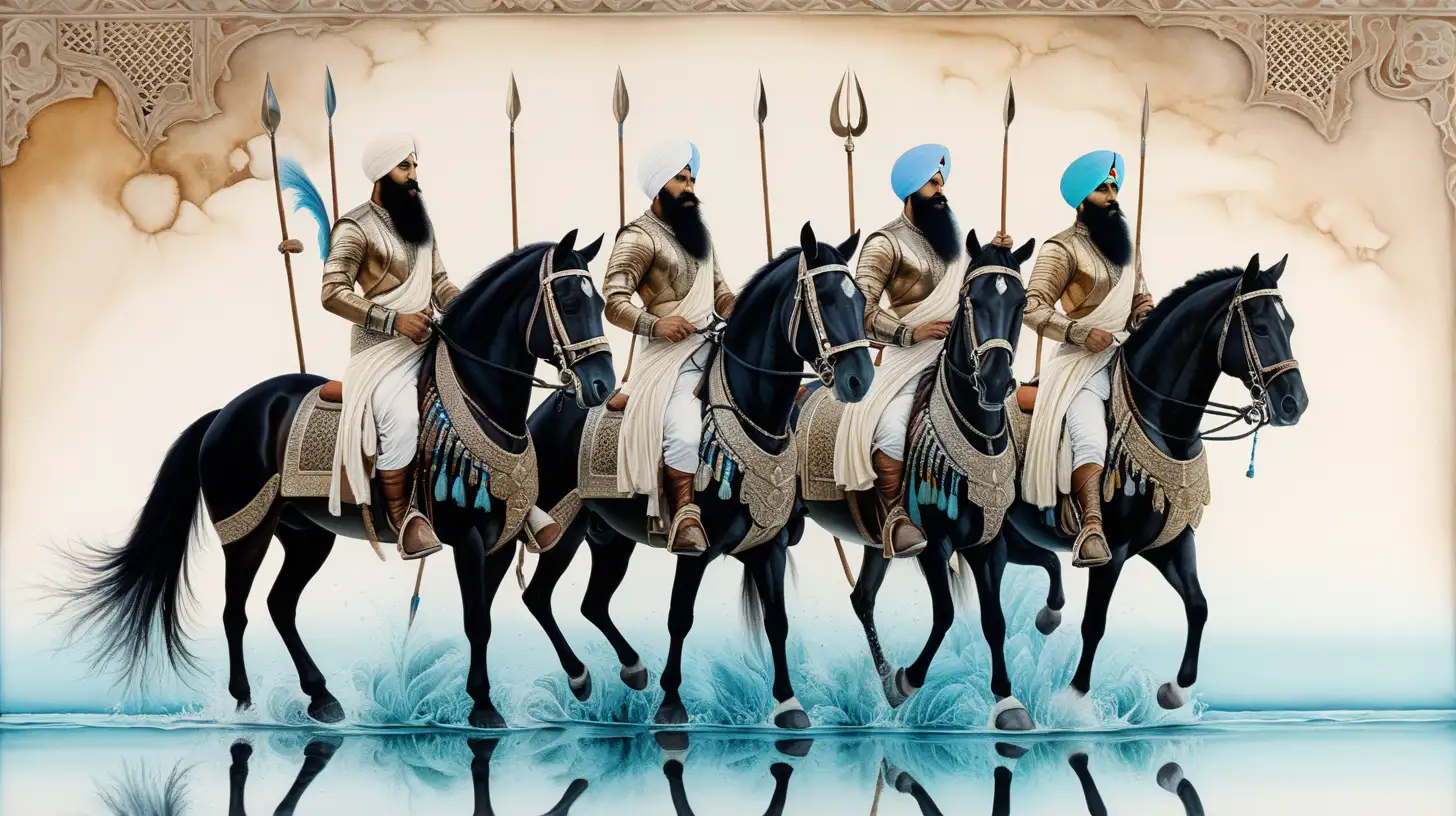   Sikh warriors, horse back, watercolor, intricate details, art landscape mirrored on water's surface below, colour scheme centred on vibrant cream, white, ochre, aqua against a stark black, black negative space, backdrop, chiaroscuro enhancing the intricate details, in a digital Rendering “v6”