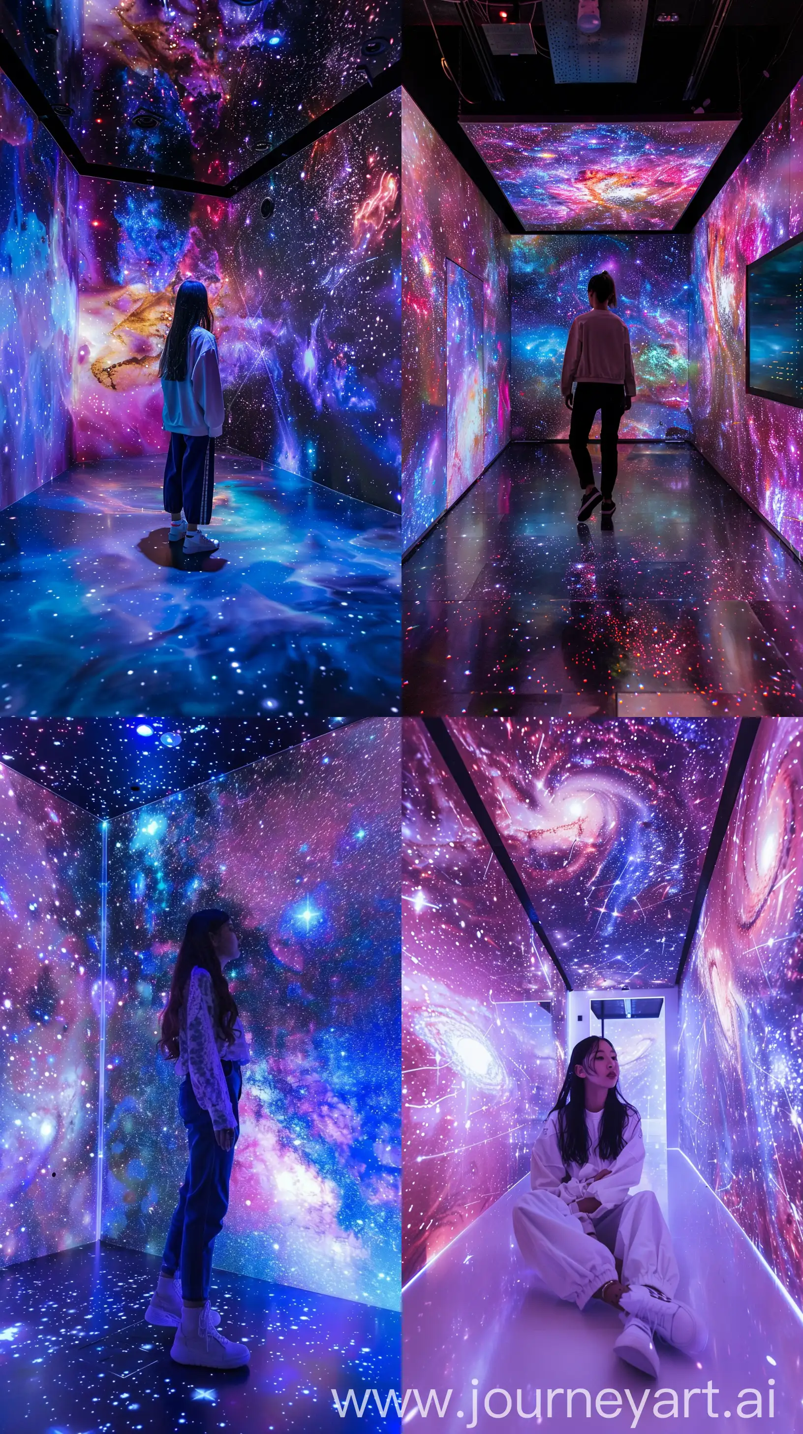 an immersive space in a physical exhibition, where i as a visitor have the feeling i am floating in the middle of space, the universe unfolds around me, blackpink's jennie --ar 9:16