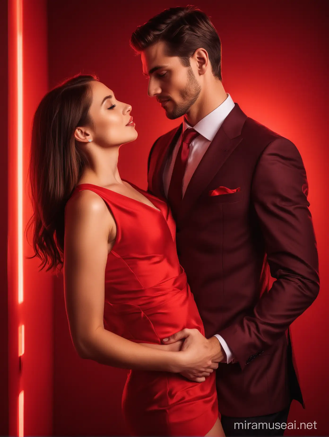 A hot beautiful lady in a fitted red dress, held romantically by a handsome young man in suit, with a beautiful luminous red light behind them.