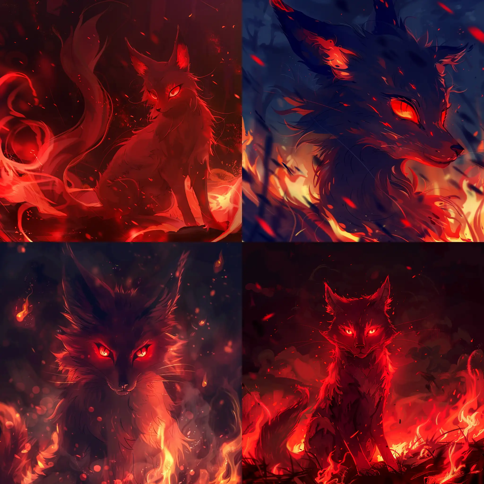 Fire red elemental kitsune, flames in the background, night, red eyes, nine tails, mystical, anime style