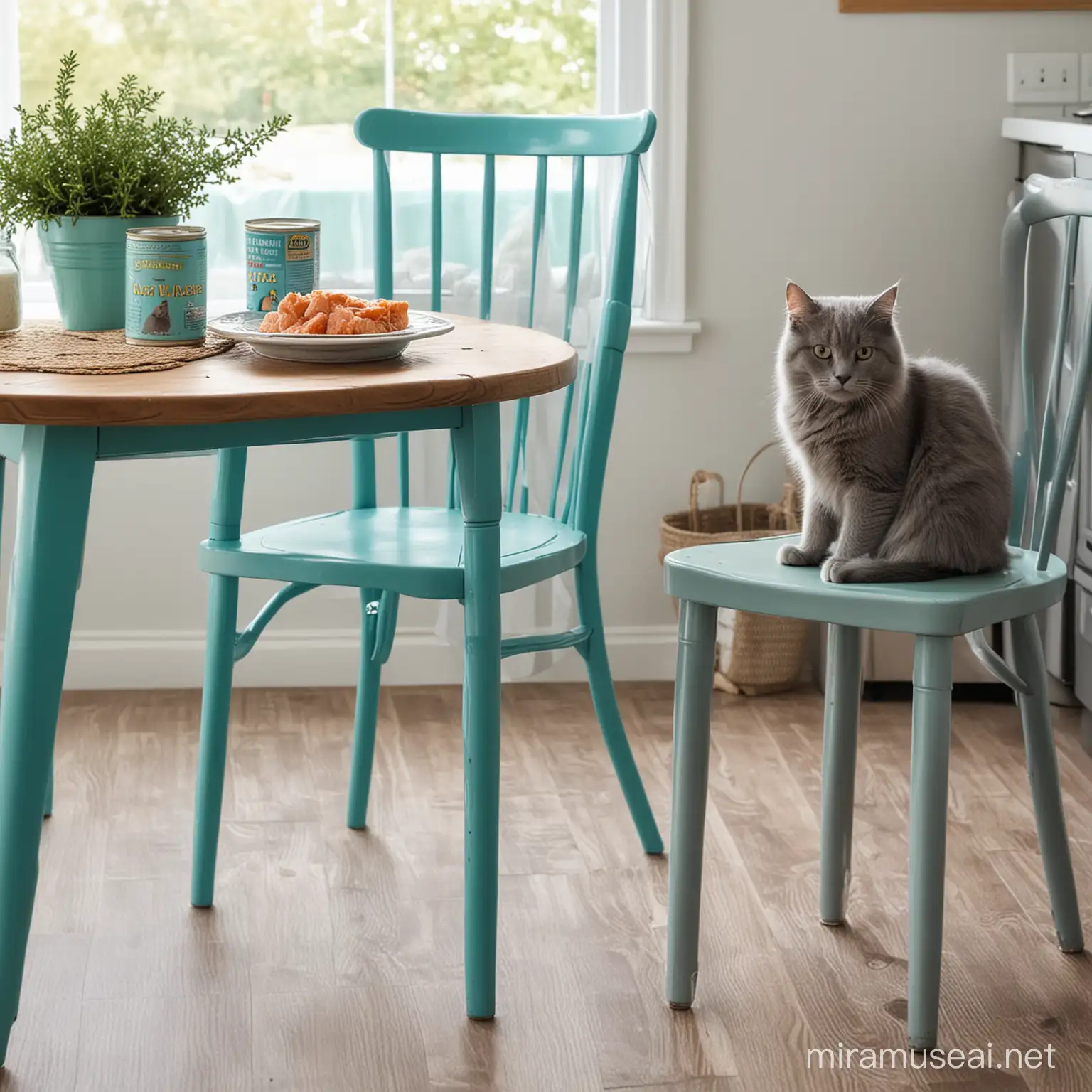 Кухонный стол бирюзового цвета. На столе стоит банка с рыбными консервами.  На стуле рядом со столом сидит пушистый серый кот