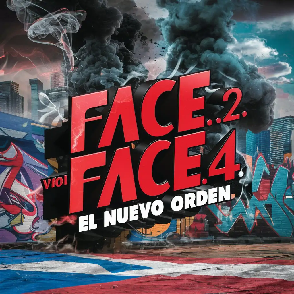 The name " Face. 2. Face.  Vol 4. 
El Nuevo Orden. " Urbano Oficial with red and black smoke thunder, typography, cinematic, 3d render, anime, vibrant, graffiti. and the colors of the Puerto Rican flag in the background

