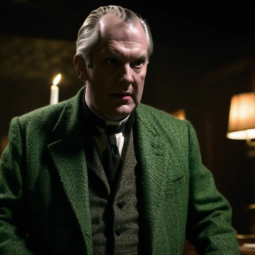 Reverend balding grey hair in green tweed jacket murderer in dark dining room