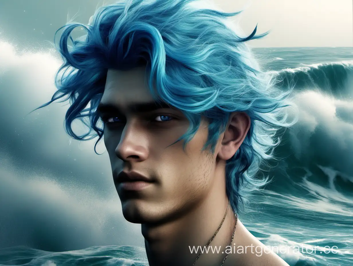 Парень 18 лет синие волосы Посейдон  фэнтези океан волны голубые глаза сила воды высокая детализация реалистичность