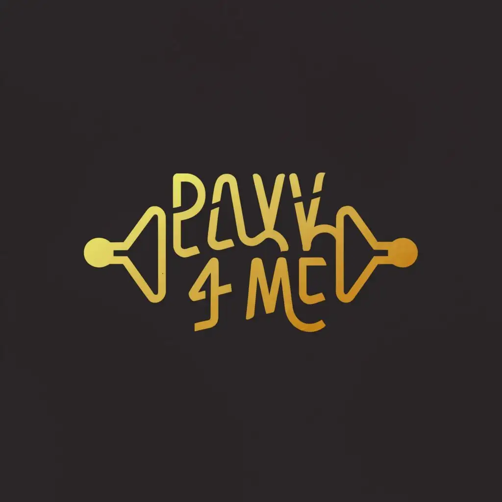 a logo design,with the text "Play 4 Me", main symbol:The logo showcases a stylized sound waves symbol elegantly forming the letters 'P4M' in a radiant gold hue. Beneath this symbol, the text 'Play 4 Me' is gracefully written in a sleek and contemporary font. Set against a bold black background, the logo exudes contrast, accentuating the brilliance of the golden elements. With its dynamic and sophisticated design, the logo captures the vibrant essence of the entertainment and music industry, emanating energy and allure.,Minimalistic,be used in Entertainment industry,clear background