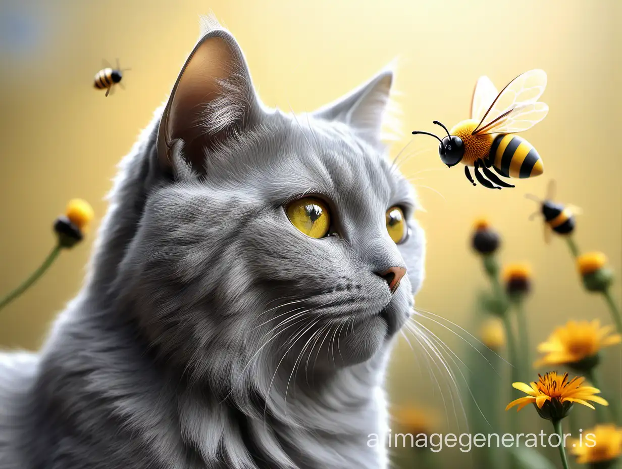 Gray-Cat-Observing-Realistic-Bee