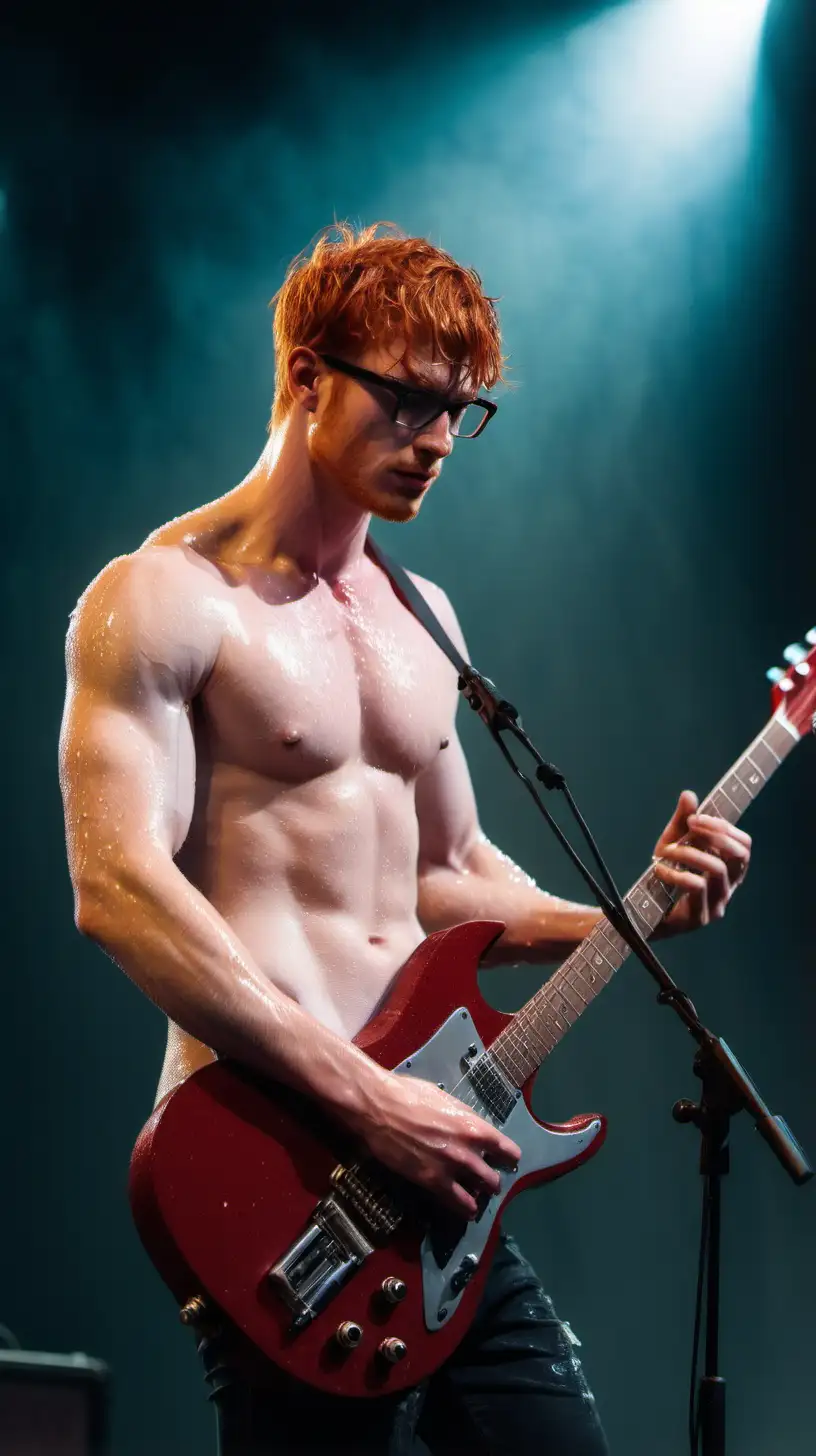 Handsome muscular redhead gazing at the camera on stage 
Short hair Stubbles glasses
shirtless dripping wet sweaty 
guitar
spotlights and hues, alluring