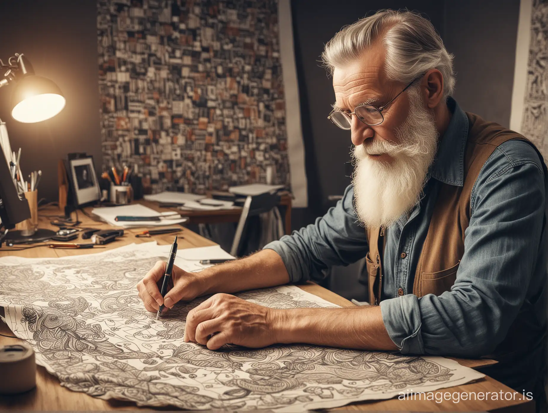 old beard man working with designing fabric pattern in Photoshop with digital pen in design studio in Germany in vintage style.