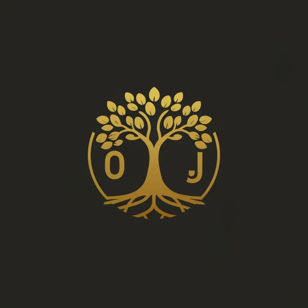 a logo design,with the text "OJ", main symbol:gold tree,Moderate,clear background