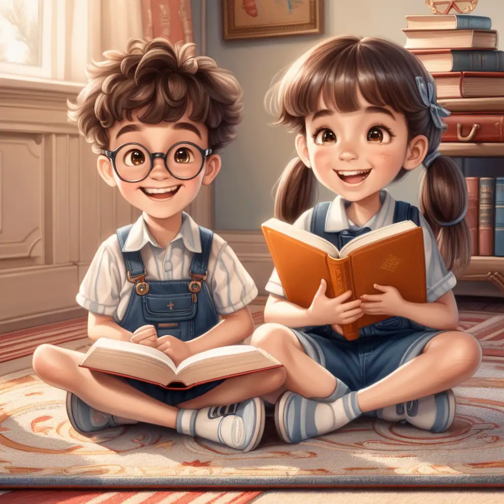 jen dvě veselé postavy kluk a holka sedí na koberci a mají knihu angličtiny