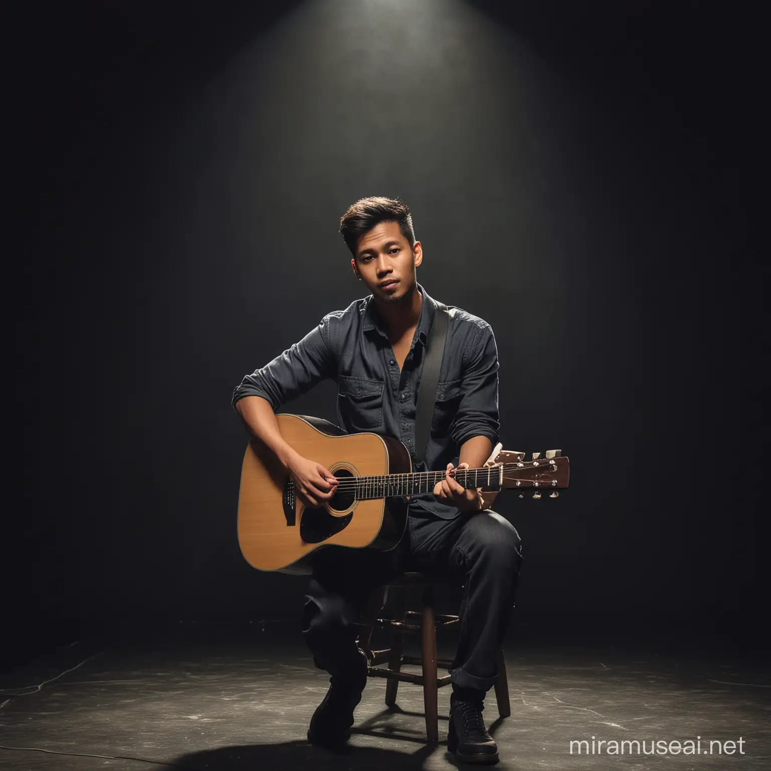 photograph indonesian of a 32 year old male singer songwriter sitting on a stool on a dark stage with an acoustic guitar wearing baggy pants
