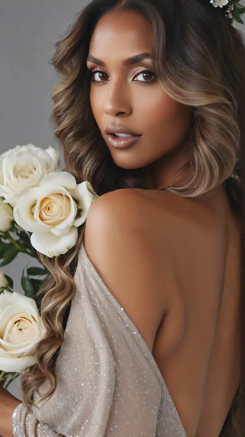 photoshoot with gray background of beautiful light skinned black woman, dressed nicely, nice jewelry, beautiful big matte taupe lips, makeup, long balayage wavy hair, with captivating eyes and a passionate expression, wearing flower crown, ultra-realistic
