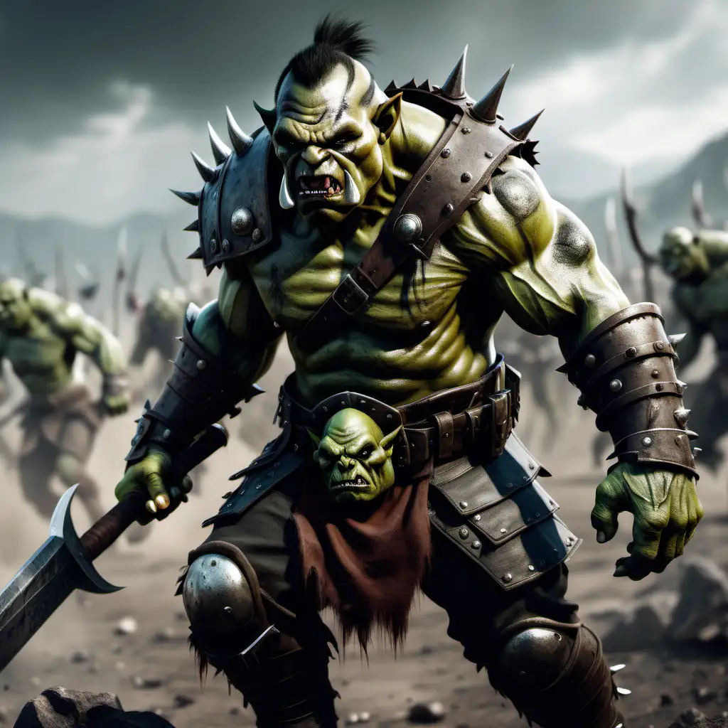Orc soldier, without armor in a battlefield ready  to fight