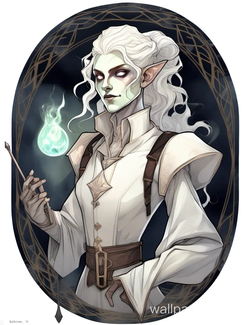 a D&D bard, dnd changeling, a changeling from dungeons and dragons, thin, slender, translucent ((pale white skin)), (wavy curly long white hair), ((glowing white eyes)), androgynous, flamboyant, nonbinary, pale body, lithe, pointed ears, almond shape eyes, flat chest, charismatic, (bard adventurer clothes), epic, portrait, poster, humanoid, character bust, wearing clothes, entertainer, performer, clean, baggy sleeves, straight slightly hooked nose, digital art, classic, watercolor, proportionate, anatomical, painting, shapeshifter, haunting face, white skin, all white grey inhuman, colorless skin, hair half-up in a bun, art nouveau