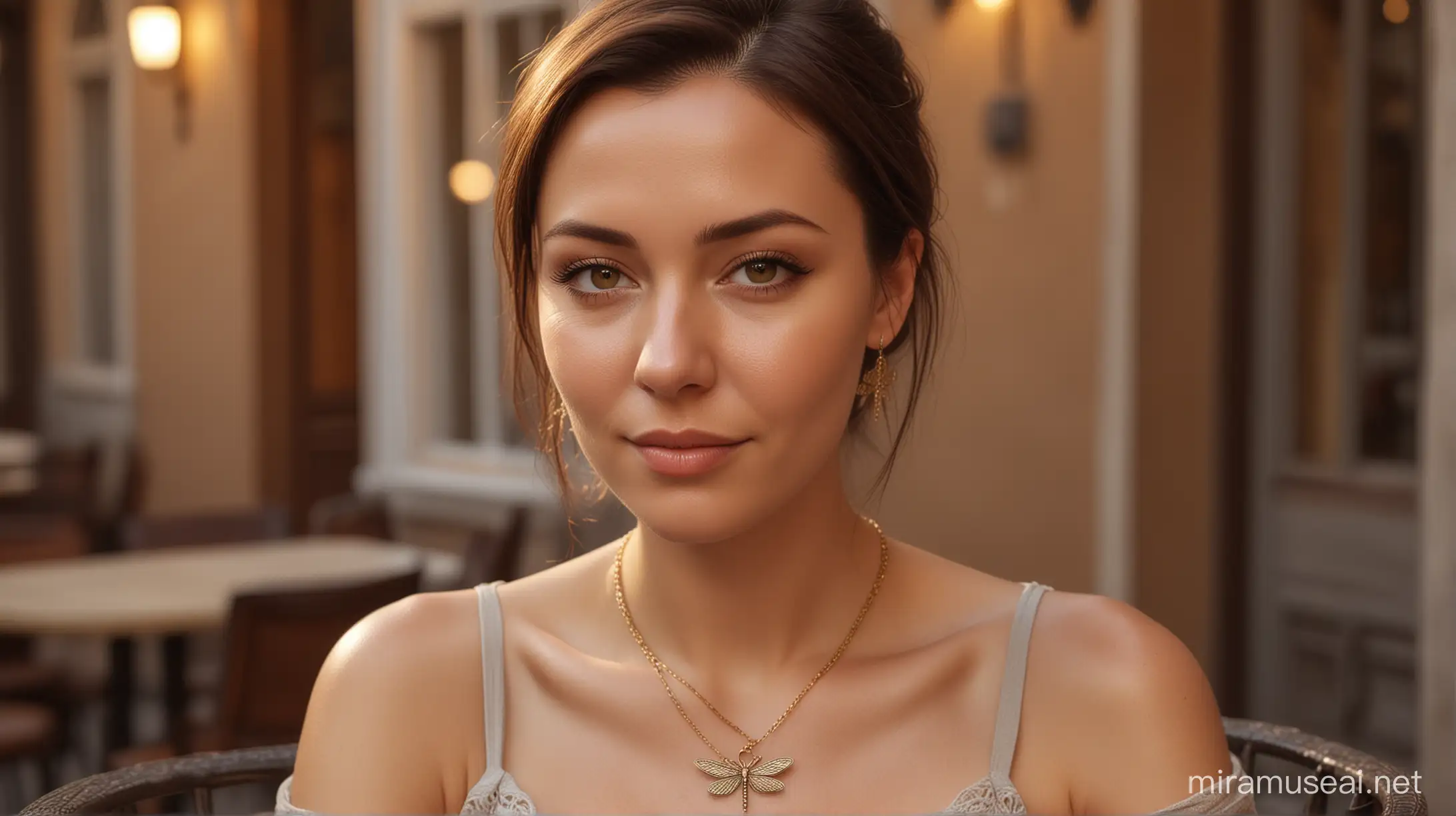 Close-up portrait of a 35-year-old Slavic woman with short dark brown hair, wearing a gold necklace with a dragonfly motif, in a cozy cafe terrace setting, high-realism, detailed facial features, professional photography, warm ambient lighting, realistic textures, detailed necklace, realistic portrait, cozy atmosphere, subtle expressions, detailed hair, professional, cafe background, ambient lighting, warm tones, realistic rendering