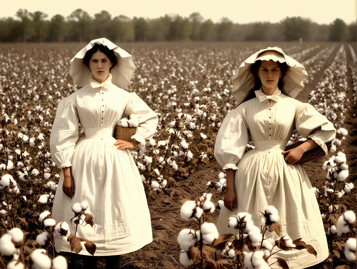 Historical Depiction of 1800s White Women Working in a Cotton Field