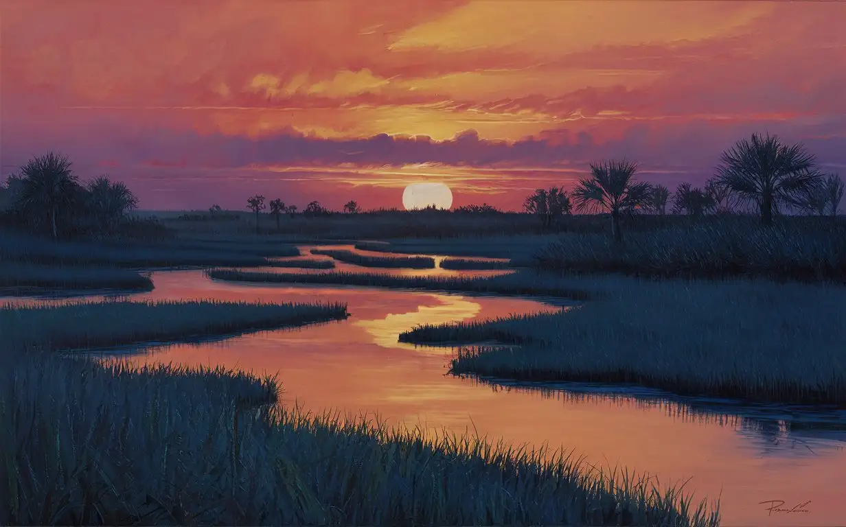 Envision a serene and vibrant painting capturing the majestic beauty of a Lowcountry marsh in South Carolina at the moment of sunset. The scene is bathed in the rich, warm glow of the setting sun, casting the sky in a breathtaking palette of colors—deep oranges, fiery reds, and purples that fade into the soft blues of the early evening. The sun, a fiery orb, hovers just above the horizon, reflecting its brilliant light across the smooth surface of meandering tidal creeks that weave through the marshland. These waterways, vital arteries of the marsh, mirror the spectacular colors of the sky, creating a stunning contrast against the darkening silhouettes of palmetto trees and tall marsh grasses that line their banks.

In the foreground, the dense grasses of the marsh are tinged with the golden hues of the sunset, creating a warm and inviting tapestry of colors that invites the viewer to pause and reflect. A lone heron stands stoically in the shallow waters, its silhouette a graceful addition to the landscape. The scene is a harmonious blend of tranquility and dramatic natural beauty, encapsulating the serene yet vibrant spirit of the Lowcountry at this magical time of day. The painting should aim to capture not just the visual splendor of the sunset over the marsh, but also the quiet, reflective atmosphere that envelops the landscape as day transitions to night.