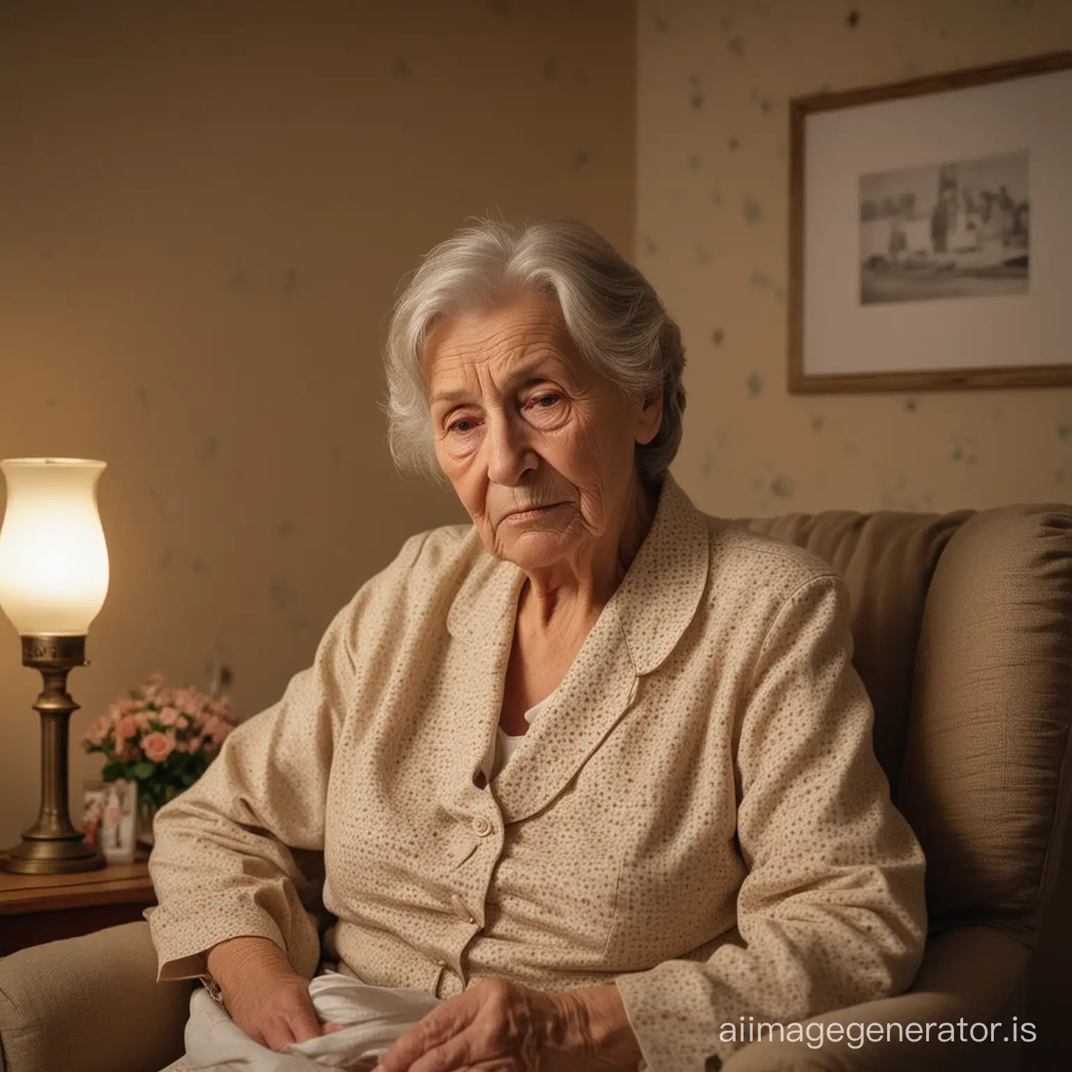 Photograph of an elderly woman who is sad looking at a photograph she holds in her hand sitting in an armchair in a bedroom, which has very little illumination