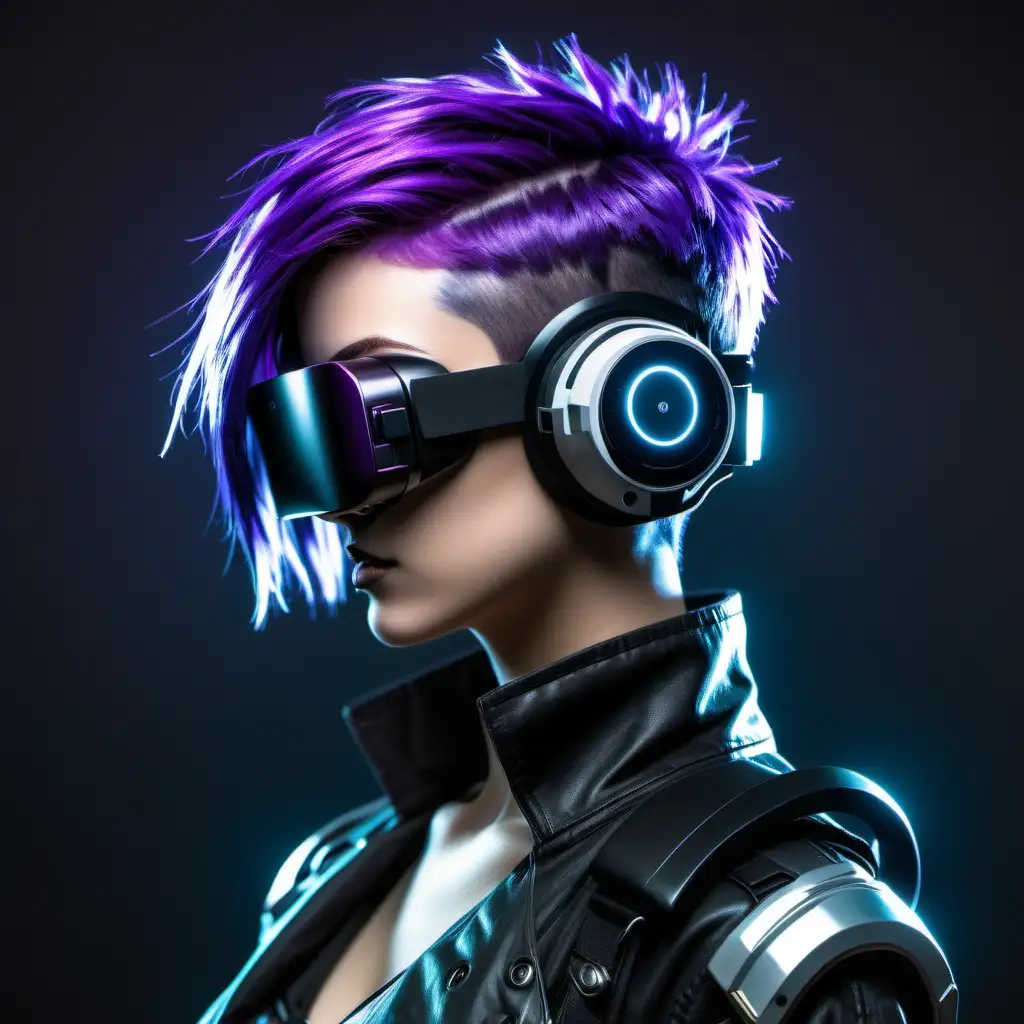 Create a cyberpunk girl with side-swept purple short hair that has a VR headset on her head. Make the girl's hair shorter.