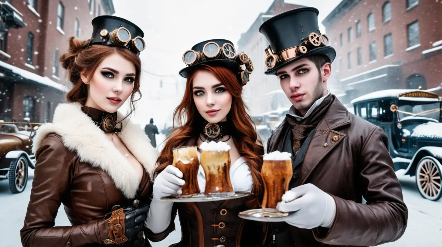 Photo real face_Steampunk willd street party beauty face girls and boys face toast cars winter snow