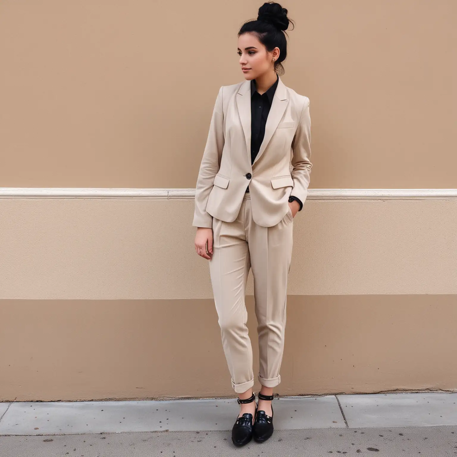 goth emo teenage girl with black hair in a bun wearing a neutral color tailored outfit and blazer, fancy pants and professional blouse for a job interview. should look like a teen girl full body outfit with closed toe flats for shoes.