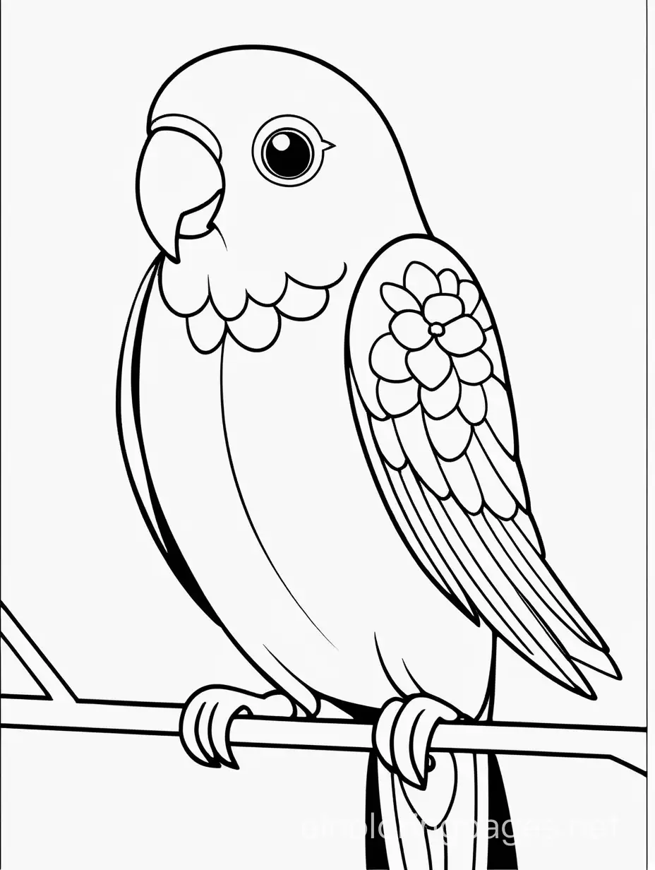 A cute lovebird, Coloring Page, black and white, line art, white background, Simplicity, Ample White Space. The background of the coloring page is plain white to make it easy for young children to color within the lines. The outlines of all the subjects are easy to distinguish, making it simple for kids to color without too much difficulty