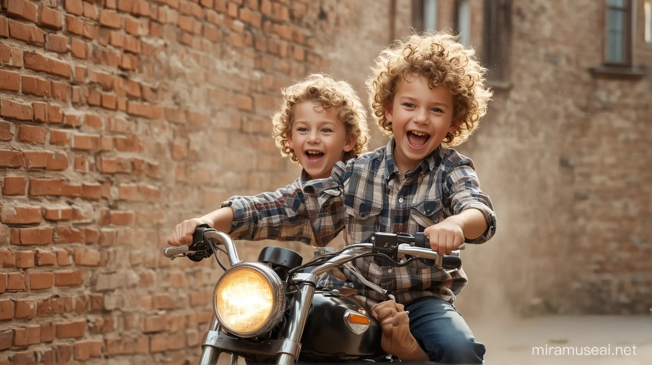 a happy little fair-haired boy with curly hair on a motorcycle at full speed blows up a brick wall