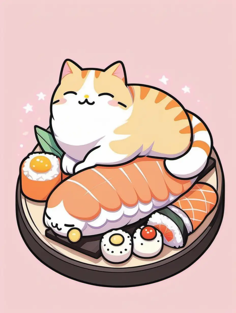/imagine prompt: STYLE: flat vector illustration | SUBJECT: a cat sleeping on top of nigiri | AESTHETIC: super kawaii, bold outlines | COLOR PALLETTE: pastel | IN THE STYLE OF: Sanrio, Gudetama and Lotte --niji 5