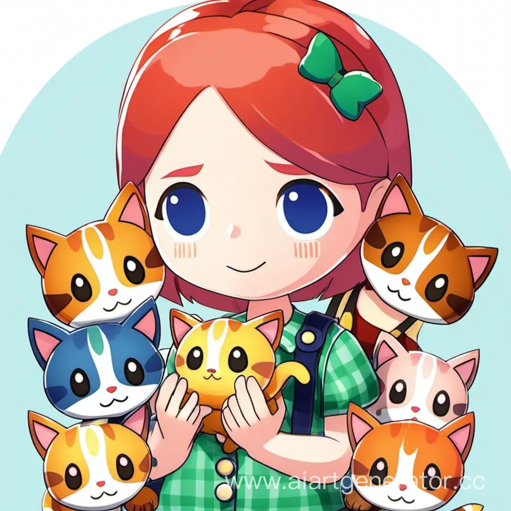 Девушка с рыжими волосами с котиками из animal Crossing