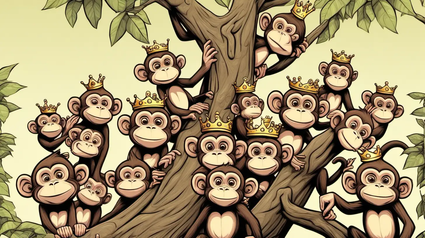 cartoon monkey with a crown ontop of a tree looking down on all the other monkeys