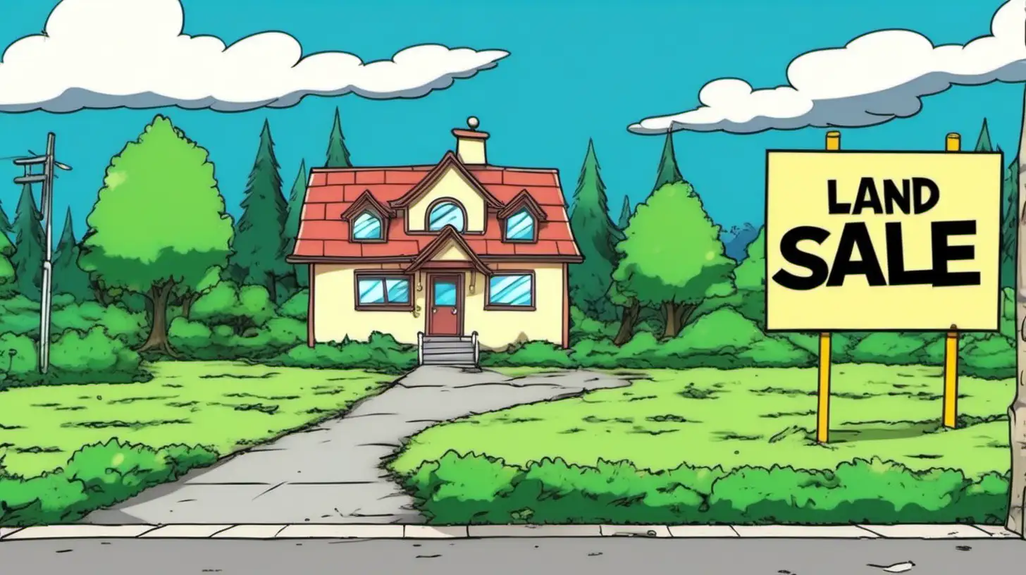 In cartoon anime style, land for sale, with a sign, Similar to The Simpsons