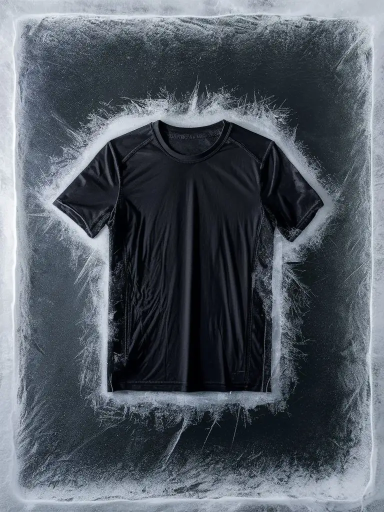 a black short-sleeved T-shirt in the ice block