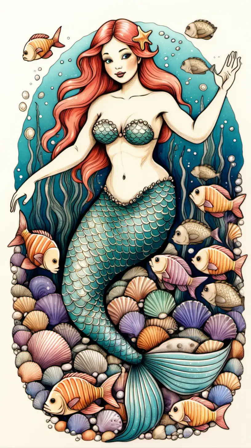 dibujo coloreado de una sirena con peces y conchas