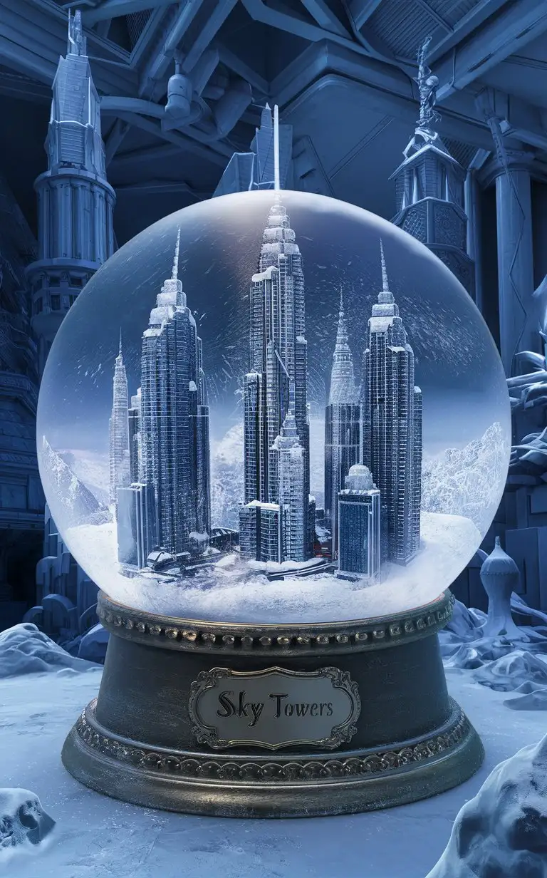 (a detailed snow globe,towers),breathtaking aesthetics,premium 14PT card stock,authenticated 8k 16k,breathtaking visuals,in a complex background (based on a detailed snow globe with six sky towers inside)