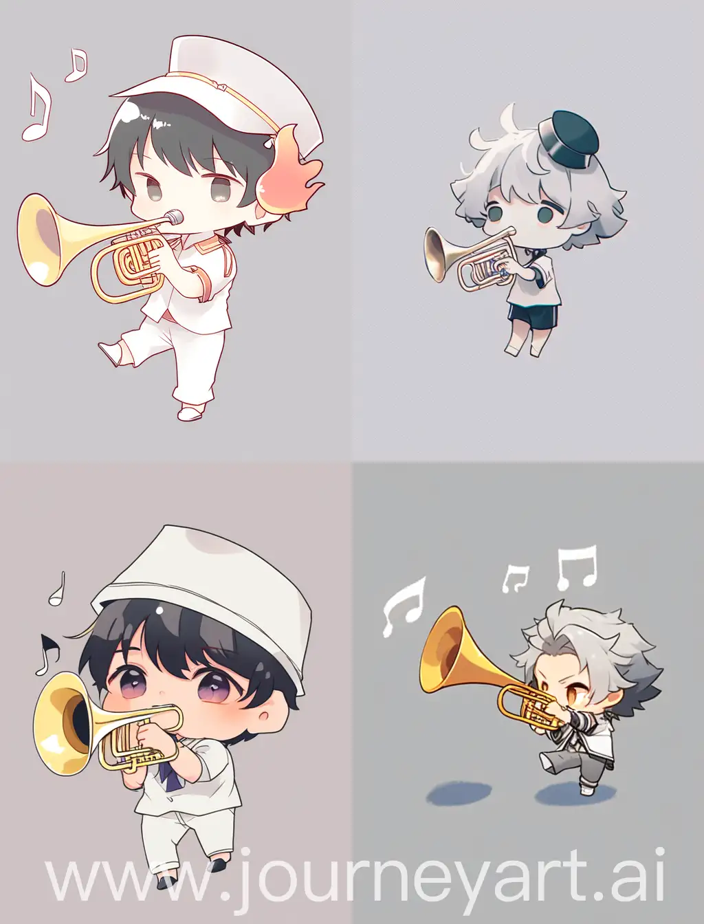 chibi anime guy playing trumpet, with grey solid background, 