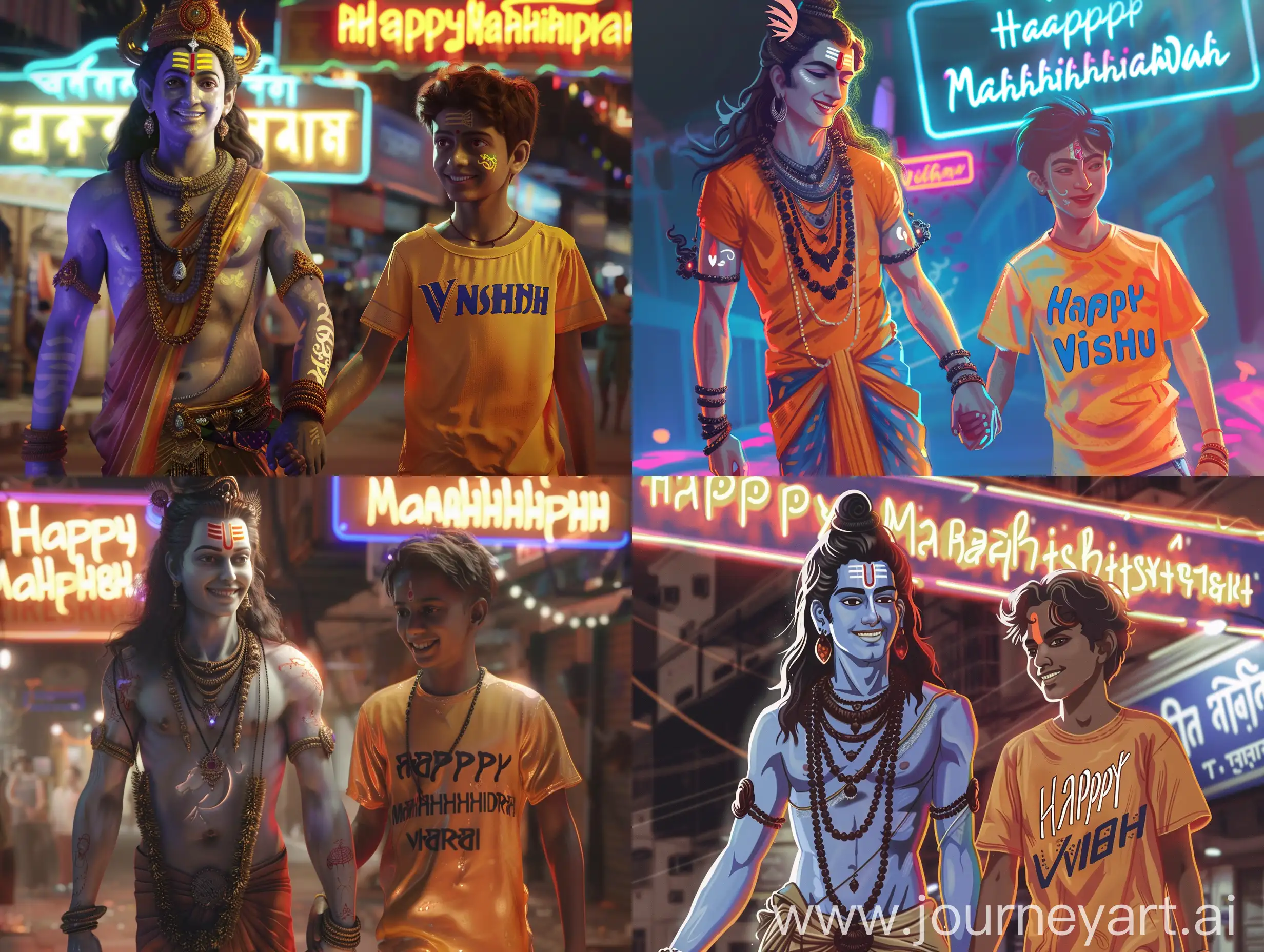 " Create an illusion the 25 year old boy closeup of lord Mahadev holding hand walking with a 20 year old boy wearing a saffron tshirt written name " Vishnu " Big and capital font. both smiling. Background neon labels proudly display the caption " Happy Mahashivratri " , soft light reflection