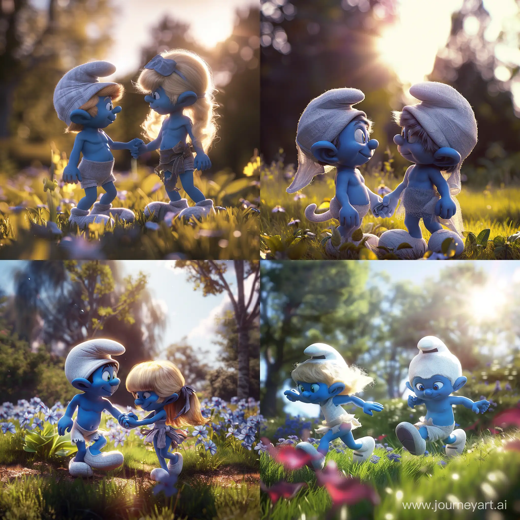 Anthropomorphic smurfs, men and women, sports sexy clothes, sunny meadow, romantic atmosphere, cinematic