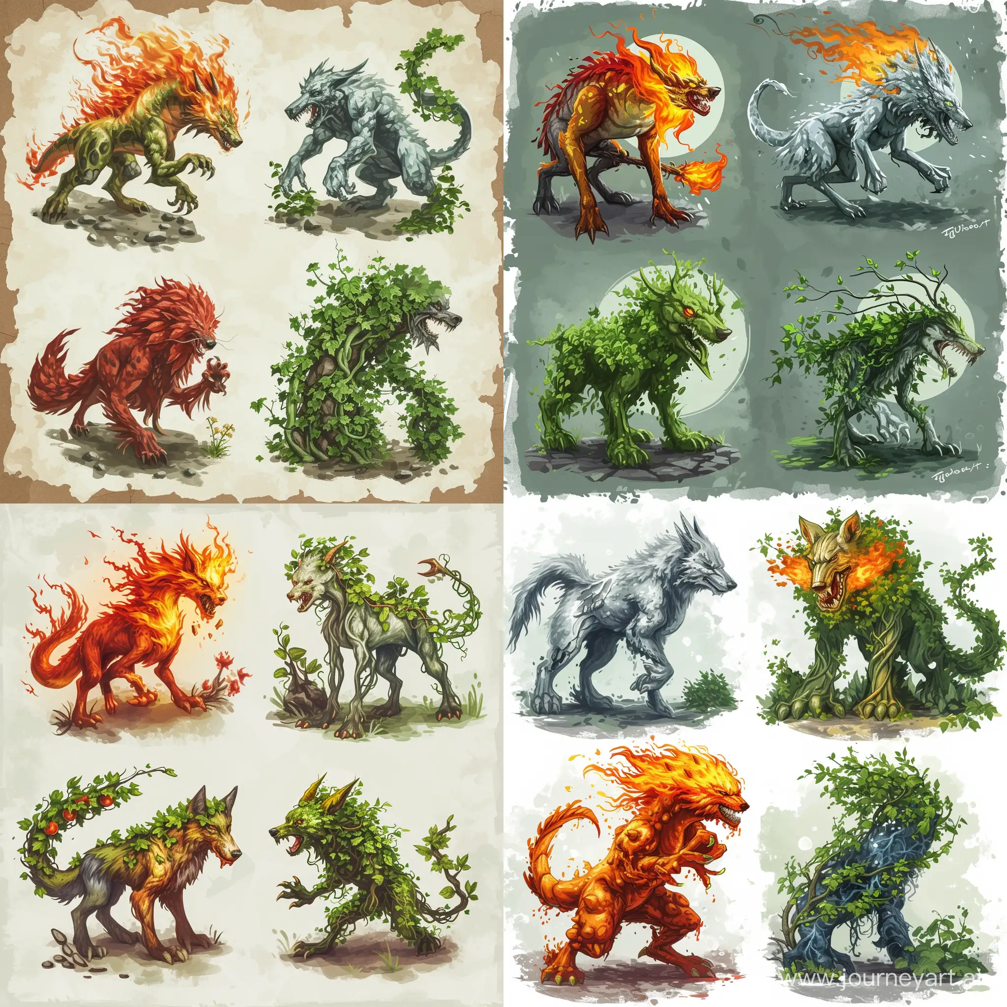 4 Monster Variants for the board game: 1. Fire Dragon 2. Moon Wolf 3. Earthquake golem 4. Ivy vampire. Everything should be similar to real-life animals and plants. draw in the style of hand paint

